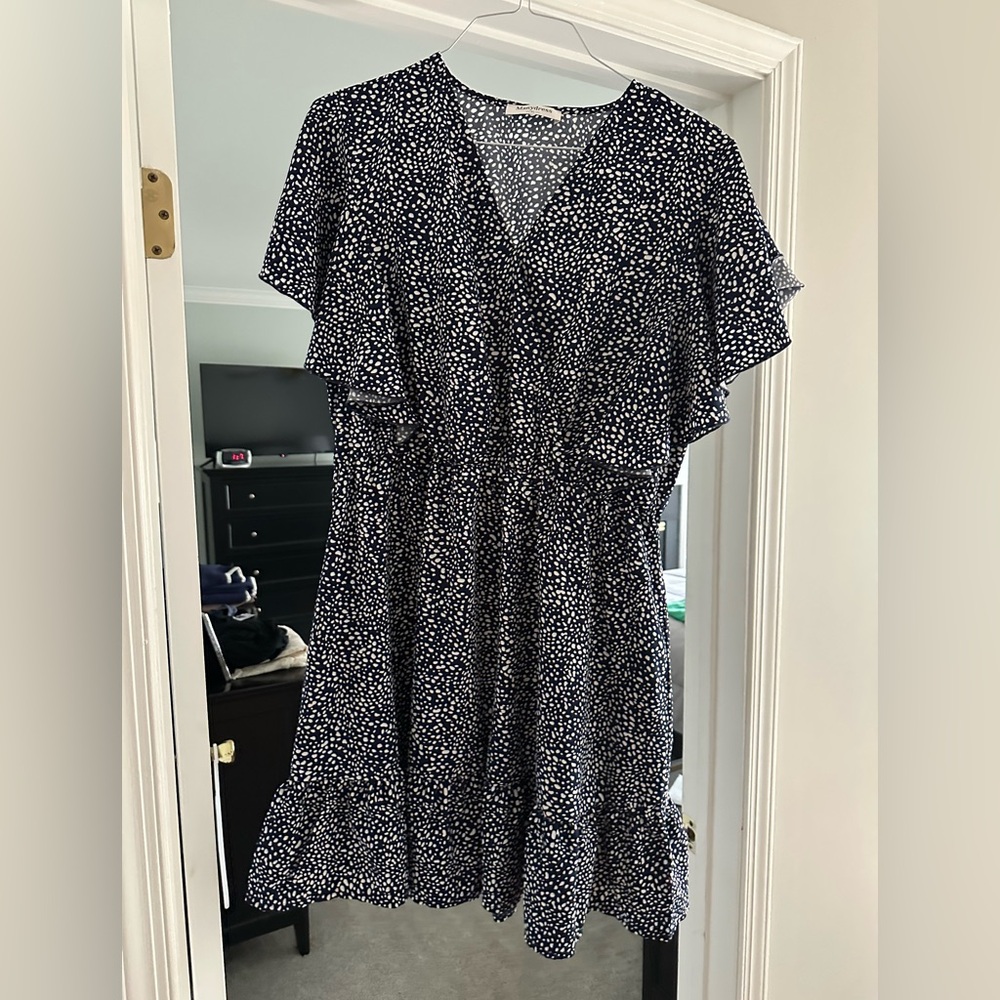 Manydress Navy Women’s Floral Print Butterfly Sleeve Flowy Boho Dress w/Pockets